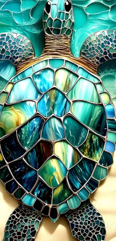 Stained glass sea turtle art in vibrant turquoise hues.