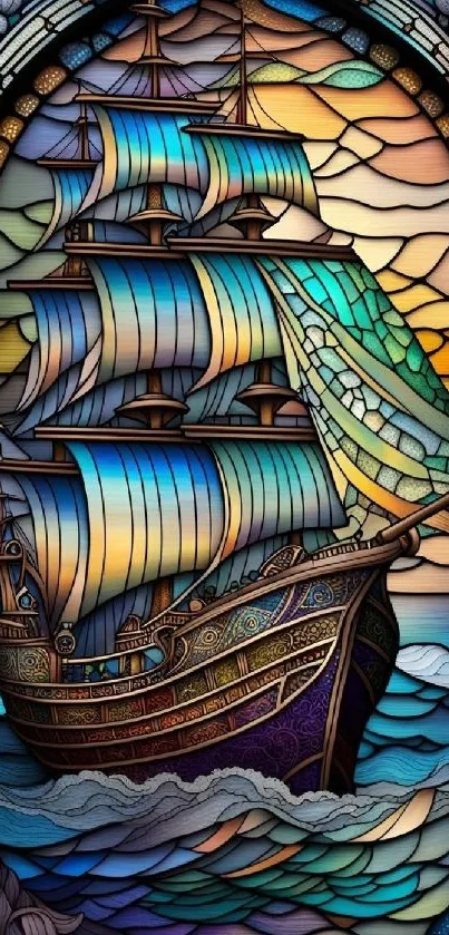 Stained glass artwork of a sailing ship against vibrant waves.