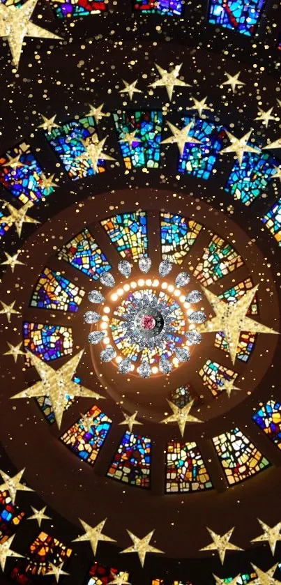 Colorful spiral stained glass with luminous stars in a cosmic pattern.