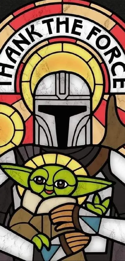 Stained glass artwork of The Mandalorian with Baby Yoda in vibrant colors.