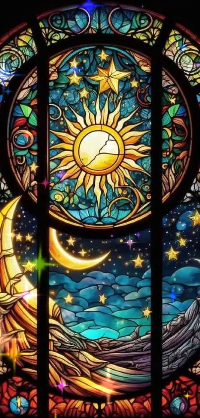 Stained glass art featuring a sun and moon design for mobile wallpaper.