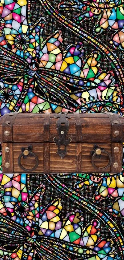 Vibrant stained glass design with center treasure chest.