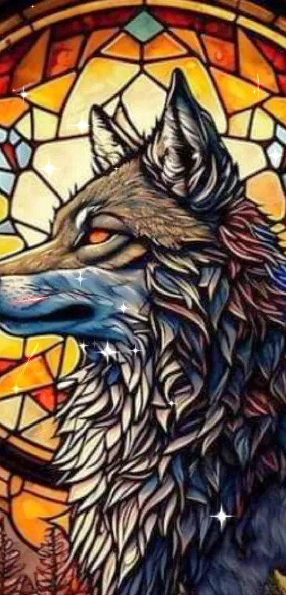 Stained glass wolf art with amber and blue hues.