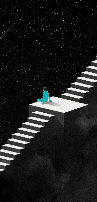 Surreal staircase leading to stars with a turquoise figure on a cosmic background.