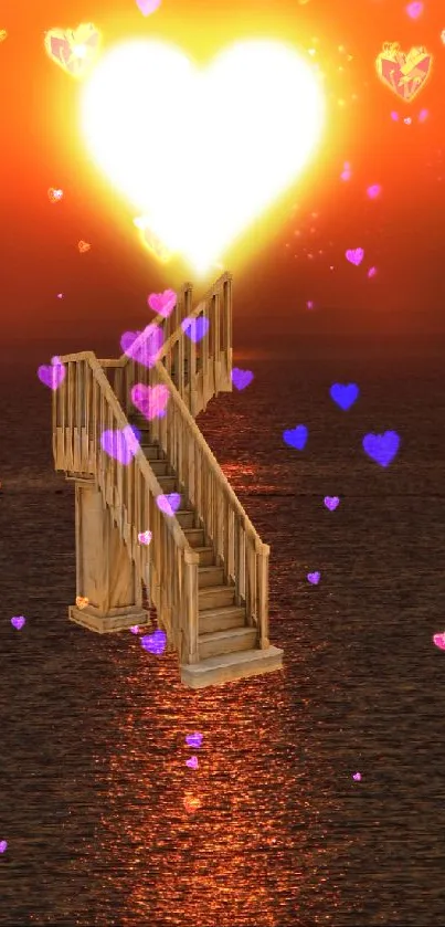 Romantic sunset with heart-shaped sun and staircase over ocean.