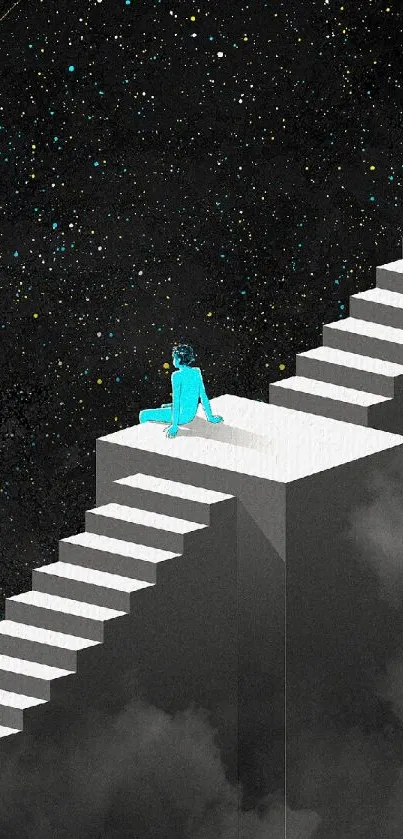 Surreal staircase leading into a starry galaxy with a cosmic explorer.