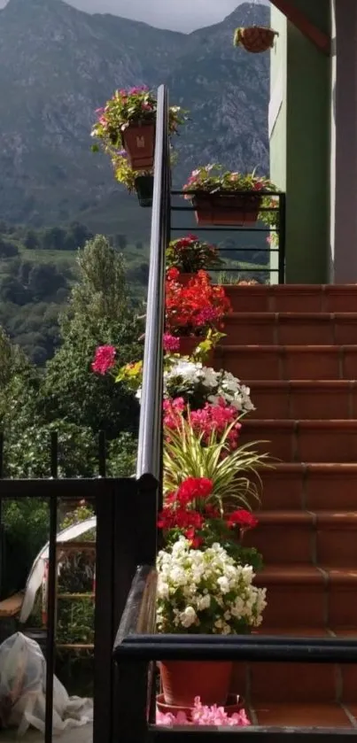 Mountain view with floral staircase and vibrant greenery.