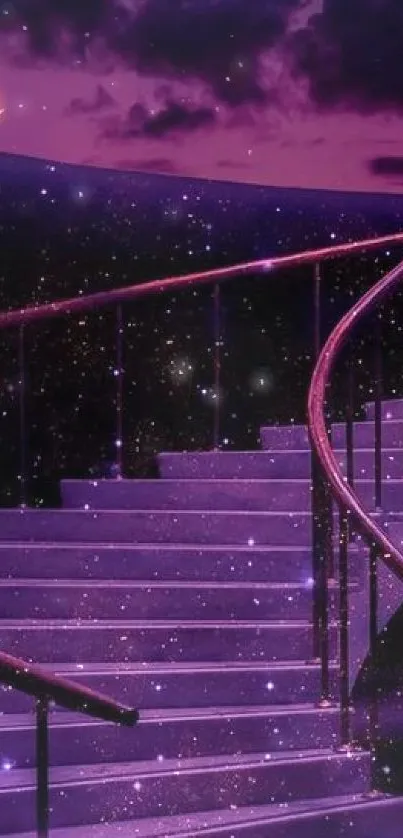 Purple, starry stairway reaching into the night sky with a crescent moon.