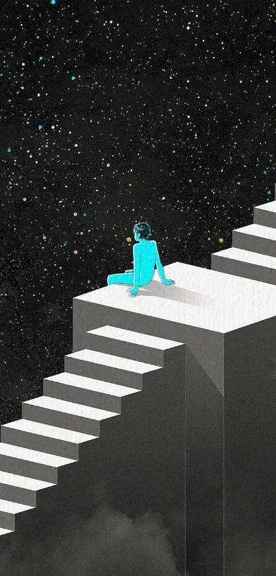 Surreal staircase under a starry night sky in cosmic mobile wallpaper.