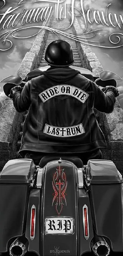 Monochrome biker art, Stairway to Heaven theme, clouds and powerful message.