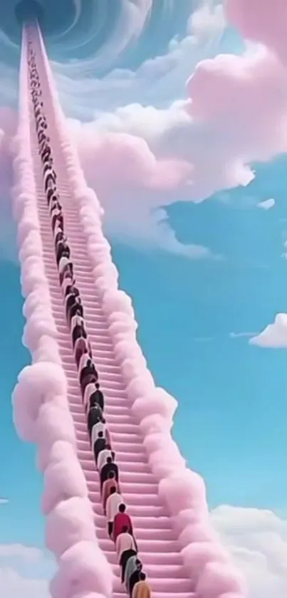 Surreal pink cloud stairway leading into the sky.