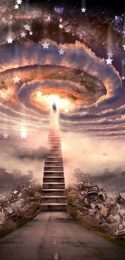 Mystical stairway leading into cosmic clouds and galaxies, a surreal fantasy scene.
