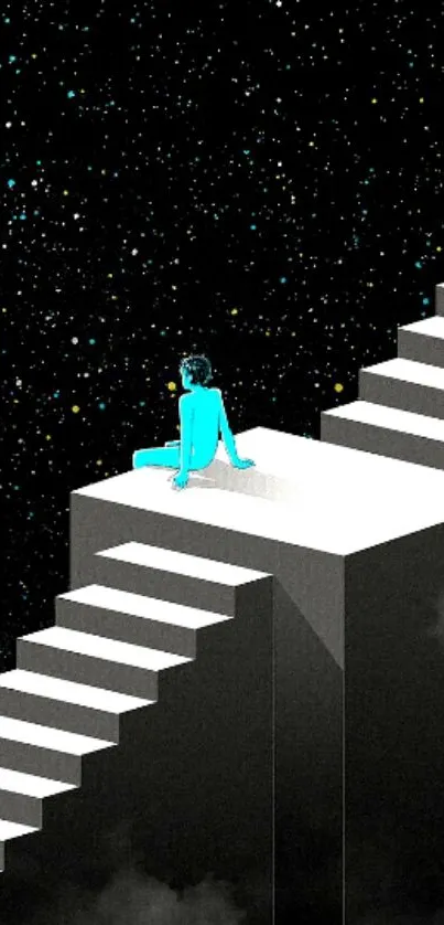 Surreal wallpaper with stairs leading to a starry sky.