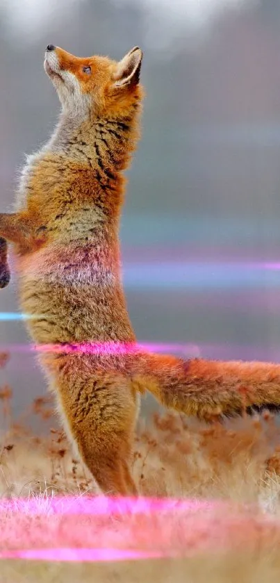 Standing fox in an autumn field, showcasing vibrant colors.