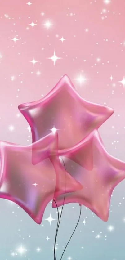 Mobile wallpaper with pink star-shaped balloons and pastel starry sky.