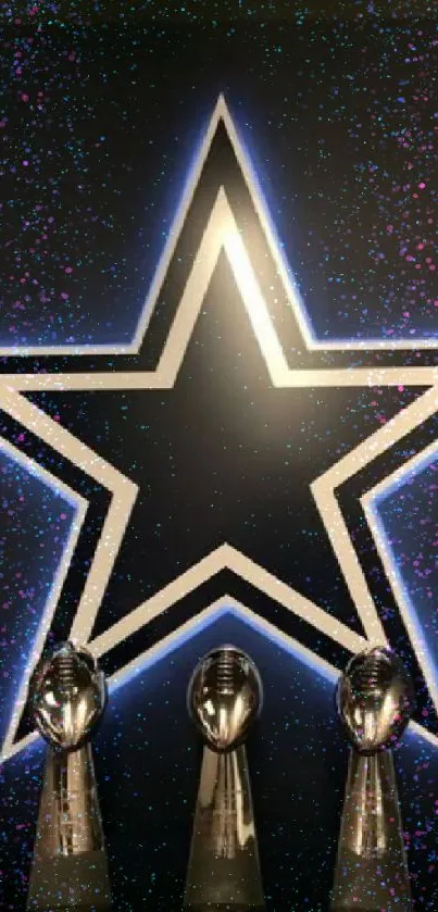 Mobile wallpaper with a star emblem and trophies, dark blue theme.