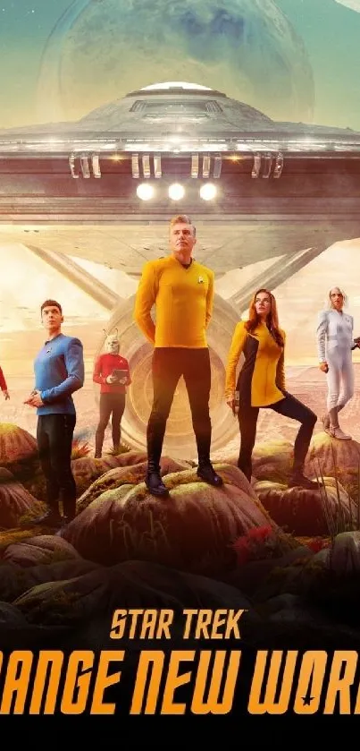 Star Trek Strange New Worlds wallpaper with characters and spaceship.