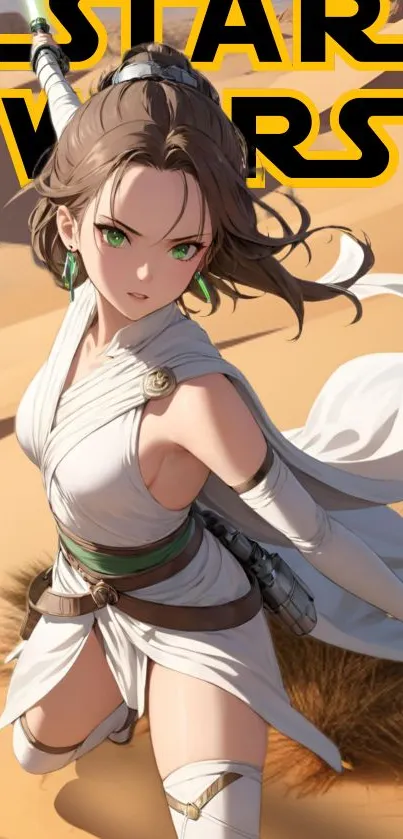 Anime character in Star Wars desert scene with vibrant design.