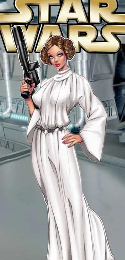 Stylized Princess Leia with blaster in Star Wars themed mobile wallpaper.