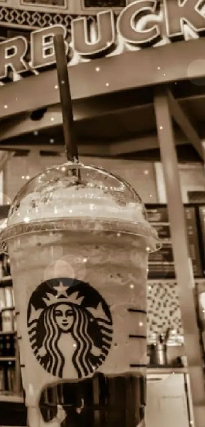 Sepia-tone Starbucks cafe with iced coffee on counter.