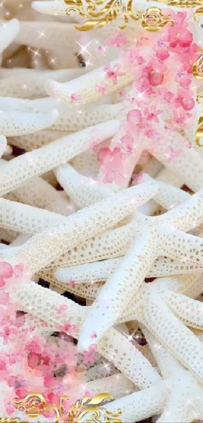 White starfish with pink flowers and golden details on a mobile wallpaper.