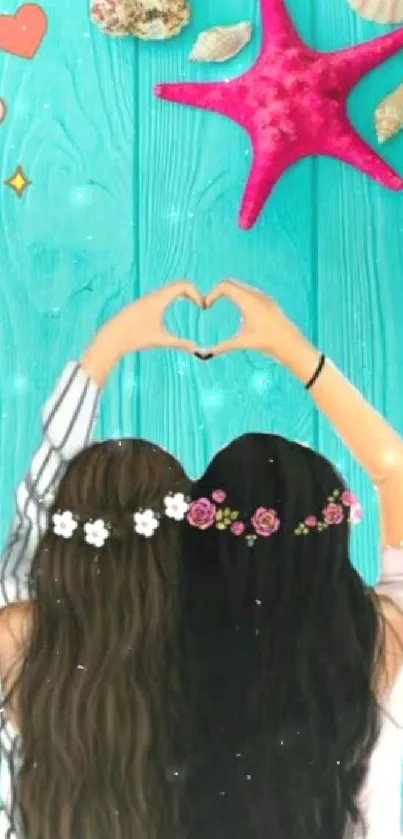 Two friends make a heart shape under a pink starfish on a turquoise background.