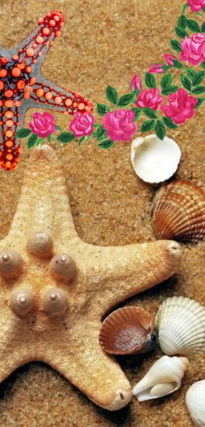 Beach wallpaper with starfish and seashells on sand.