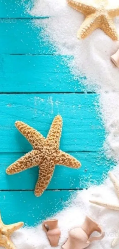 Beach-themed phone wallpaper with starfish and seashells on turquoise background.