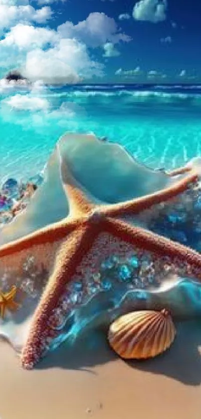 Starfish resting on the beach with seashells and vivid ocean backdrop.