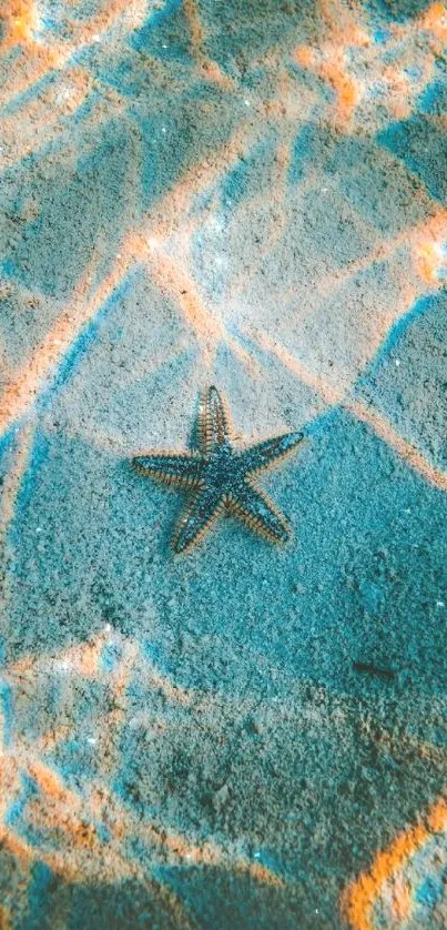 Starfish on sandy beach with vibrant water patterns.