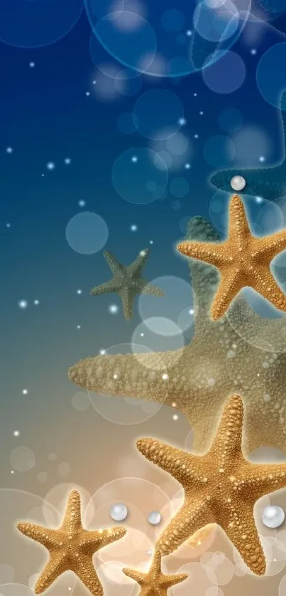 Starfish-themed oceanic mobile wallpaper with blue gradient backdrop.