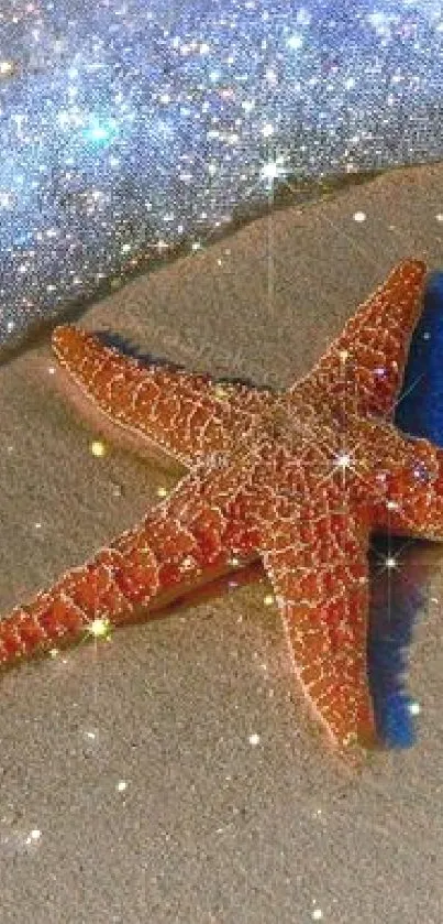 Starfish on sand with glittering shoreline in a cosmic theme wallpaper.