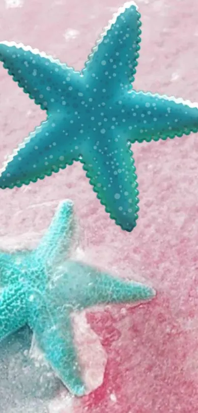 Teal starfish on a pink sandy beach wallpaper.