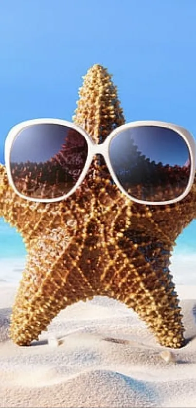 Starfish with sunglasses on a sunny beach with blue sky and ocean.