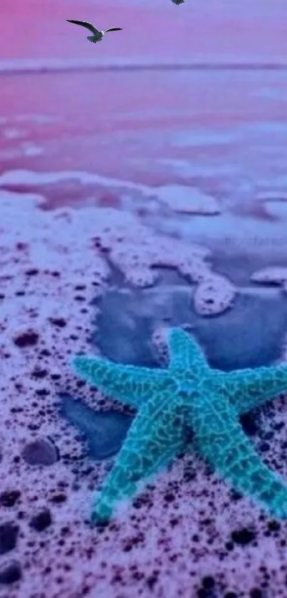 Vibrant starfish on pink and purple beach.