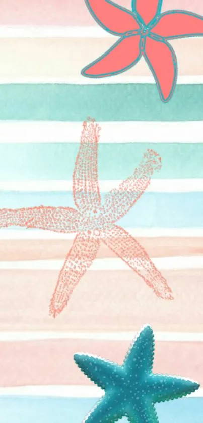 Starfish on pastel stripes mobile wallpaper with coral pink and aqua blue hues.