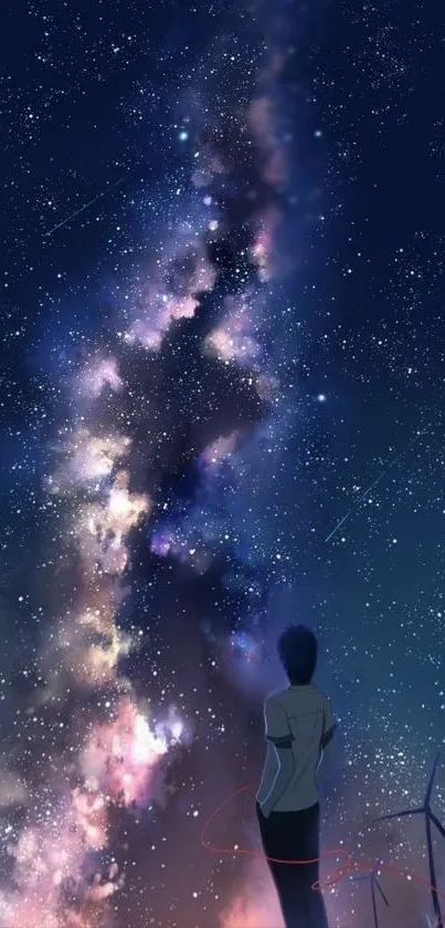 Silhouette gazing at starry Milky Way night sky in serene mobile wallpaper.