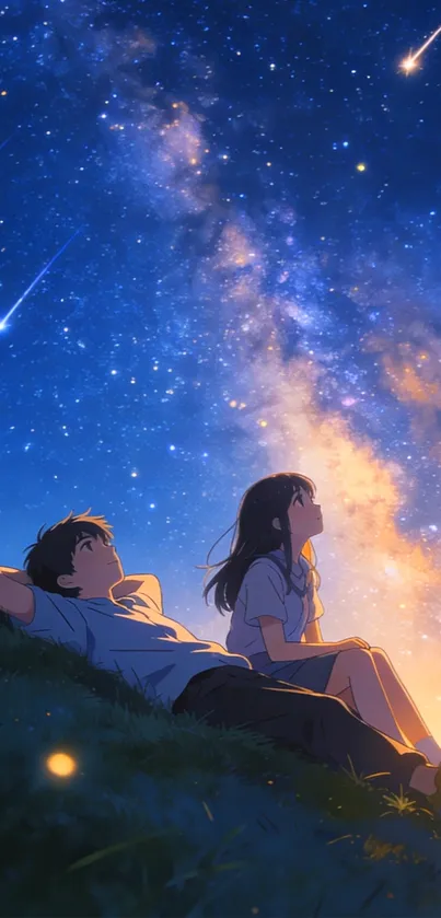 Anime couple stargazing under colorful night sky.
