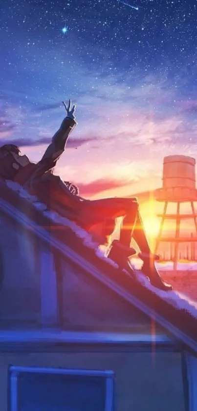 Person stargazing on a rooftop at sunset under a starry night sky.