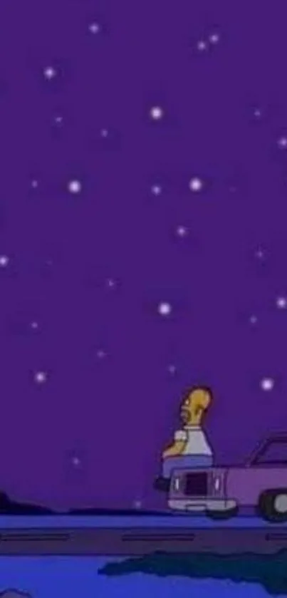 Cartoon character stargazing beneath a purple starry sky on a mobile wallpaper.