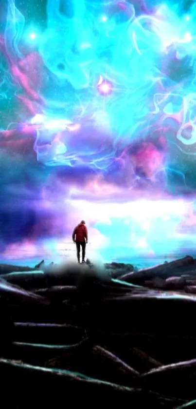 Person stares into vibrant nebula sky on a futuristic landscape.