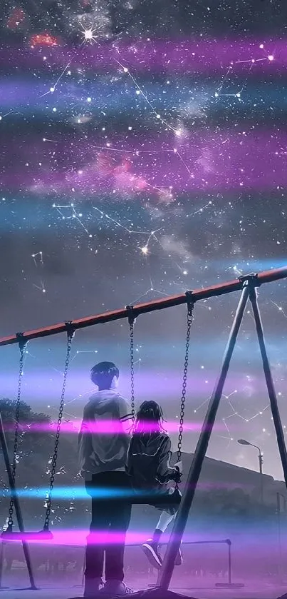 Anime couple on swings beneath a starry night sky.