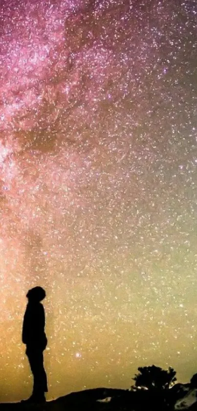 Silhouette against a starry galaxy night sky mobile wallpaper.