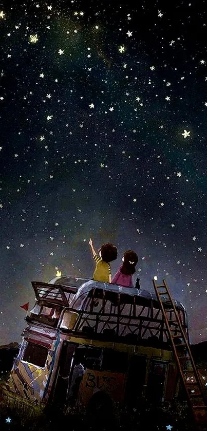 A couple stargazes atop a bus under a starry night sky wallpaper.