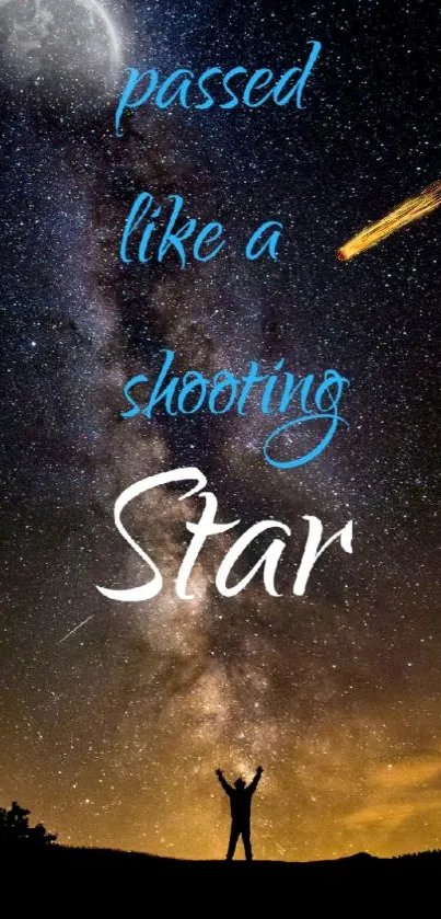 Silhouette under starry night sky with shooting star and galaxy.