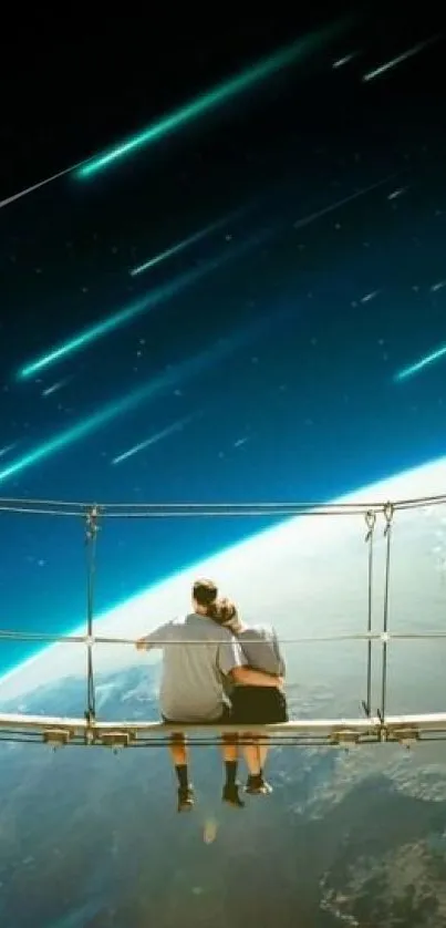 Couple on bridge stargazing at Earth with meteors in dark blue sky.