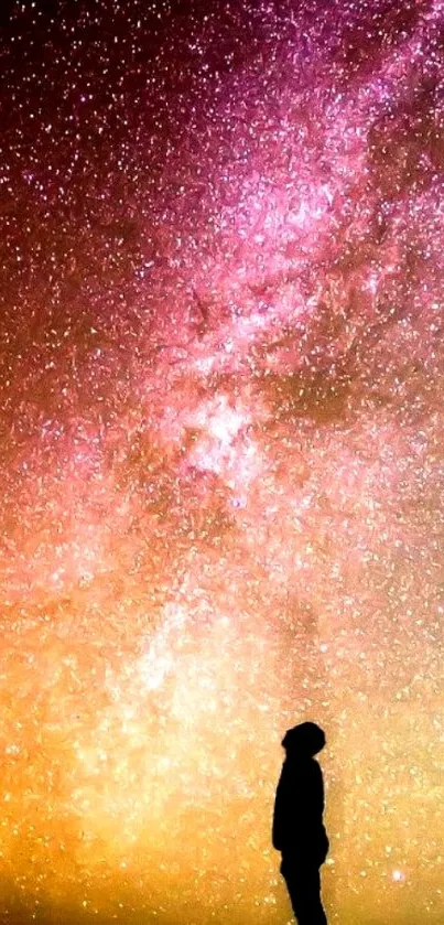 Silhouette under a vibrant galaxy sky mobile wallpaper.