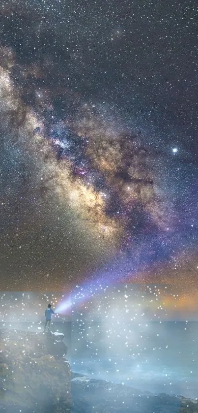 Person stargazing under the Milky Way galaxy with a serene night sky.