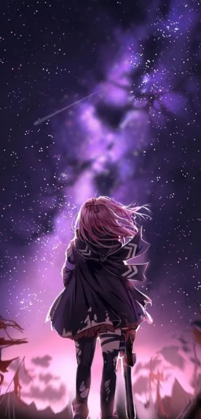 Anime night sky wallpaper with stars and purple hues.