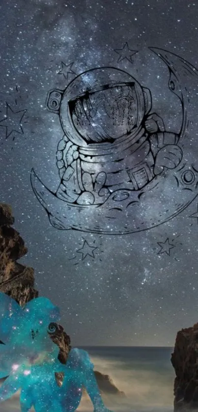 Whimsical astronaut and stars on a galactic night sky background.